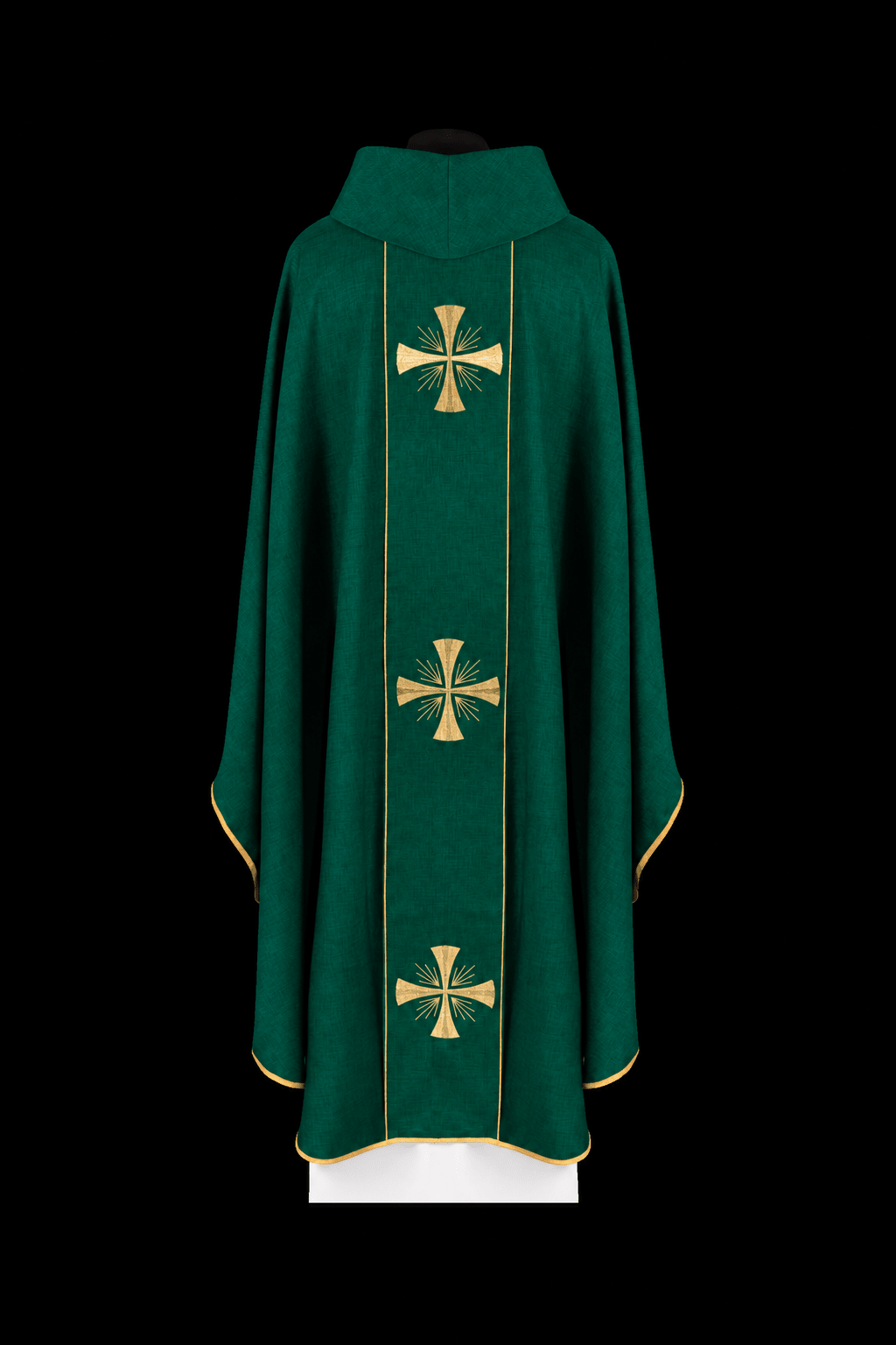 Green chasuble with orphrey, back view with three gold embroidered crosses and gold trim