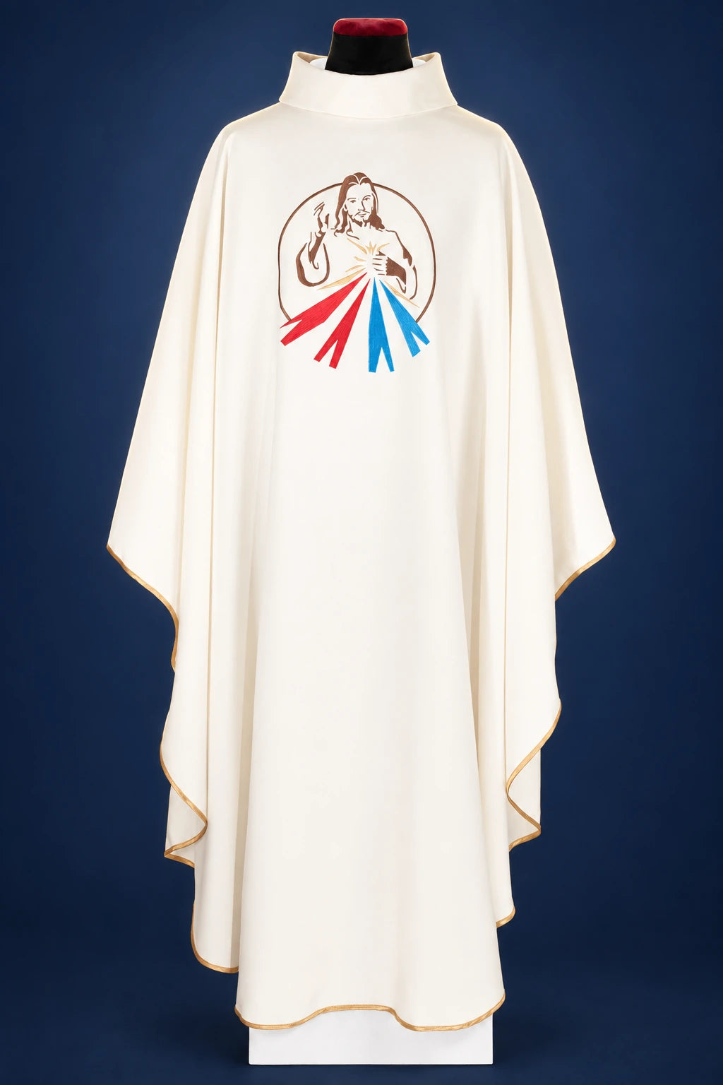 Ecru Chasuble with Divine Mercy Image, front view with stand-up collar, gold trim, and colorful embroidery