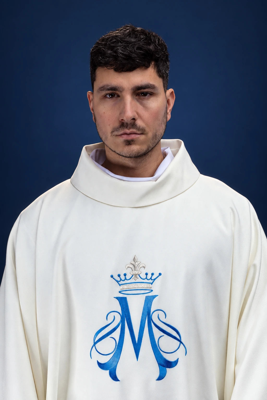 Embroidered Marian Chasuble in Ecru, front view with blue Marian motif and stand-up collar