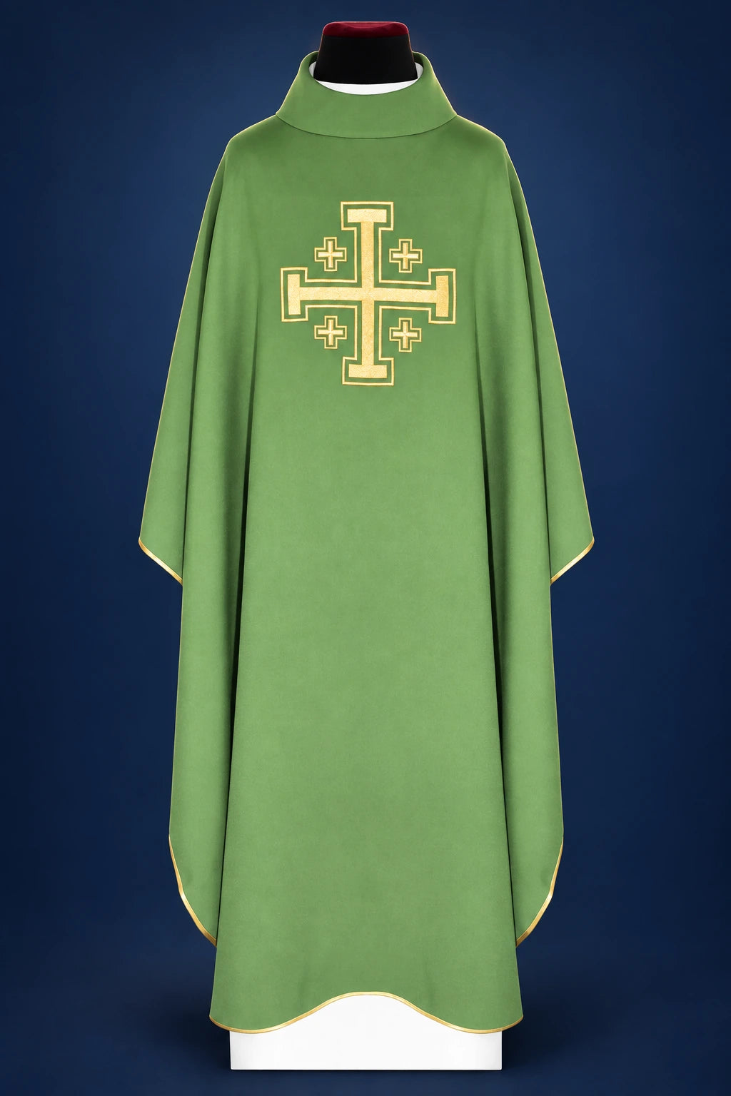 Green Chasuble with Gold Cross Embroidery, front view with stand-up collar and gold trim