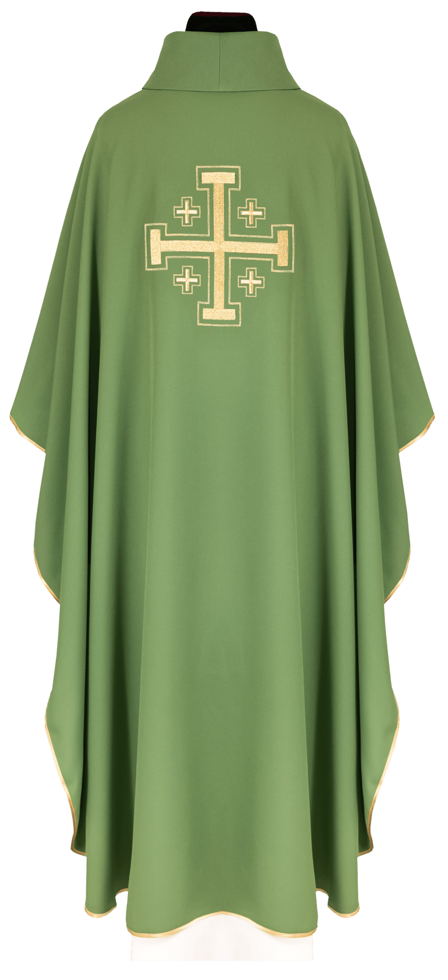 Green chasuble back view with gold cross embroidery and gold trim