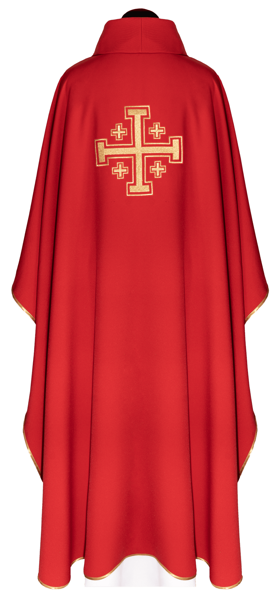 Red chasuble back view with embroidered gold cross and gold trim