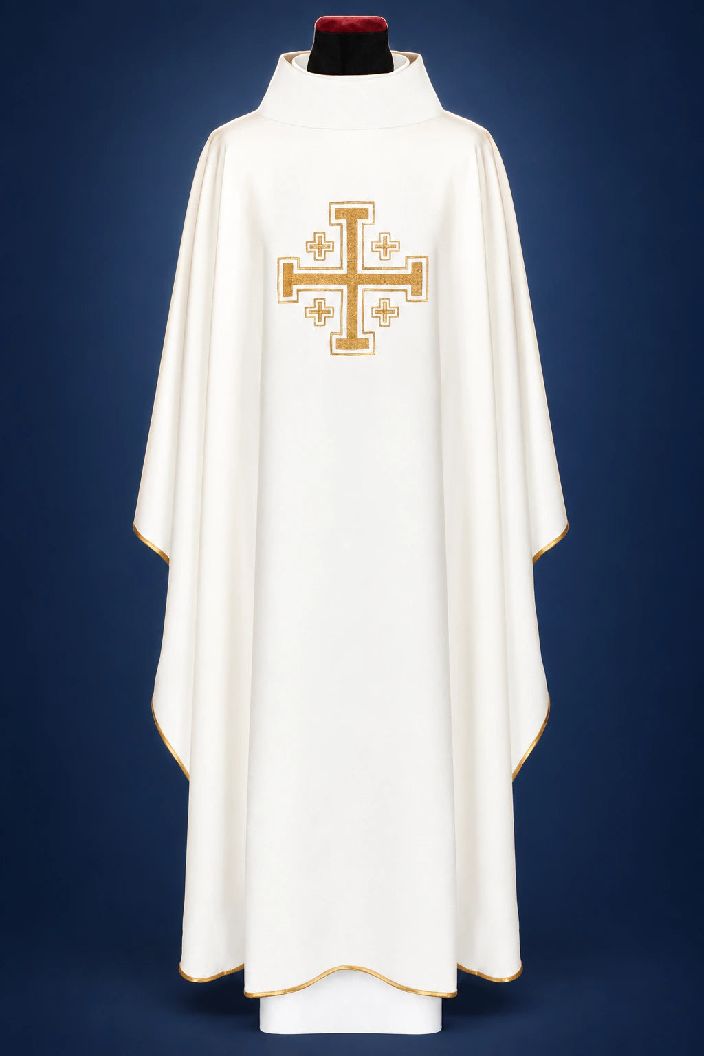White Embroidered Catholic Chasuble with Gold Cross Motif, front view with stand-up collar and gold trim