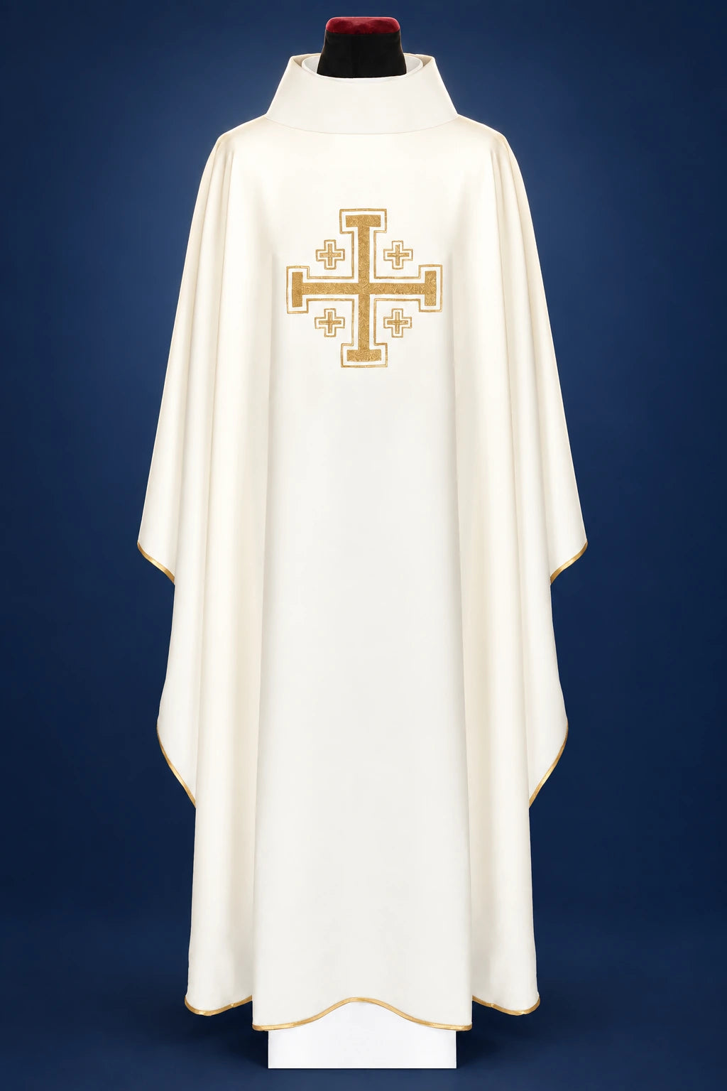 Ecru Embroidered Chasuble with Cross Motif, front view with gold cross embroidery and trim