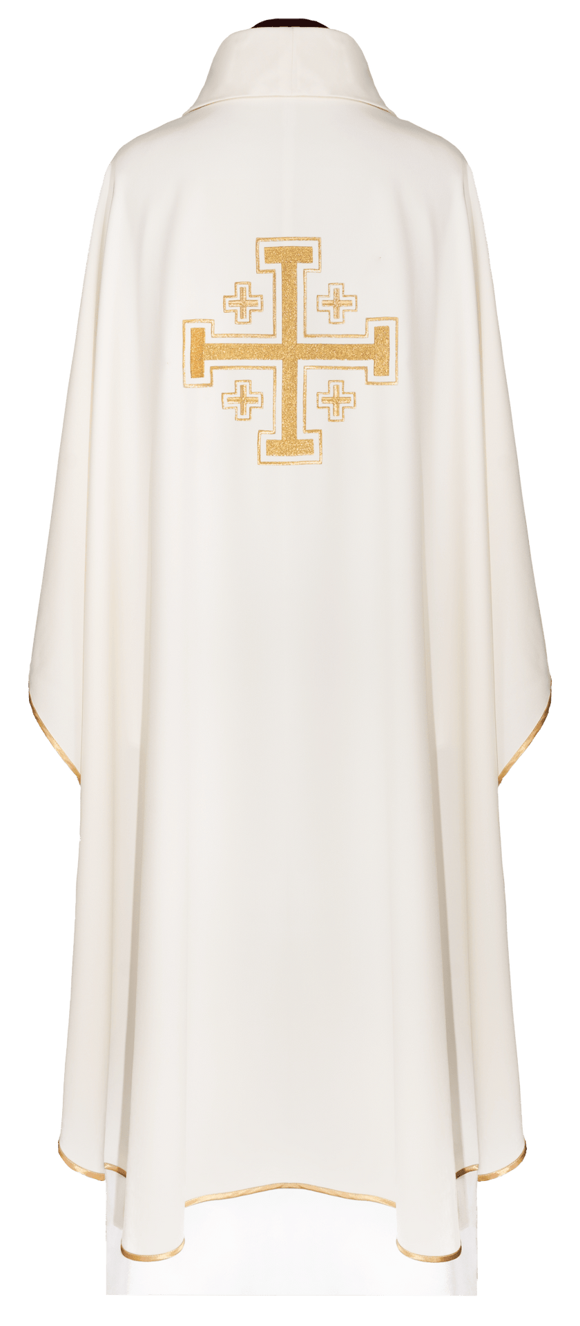 Ecru chasuble back view with large gold cross embroidery and gold trim