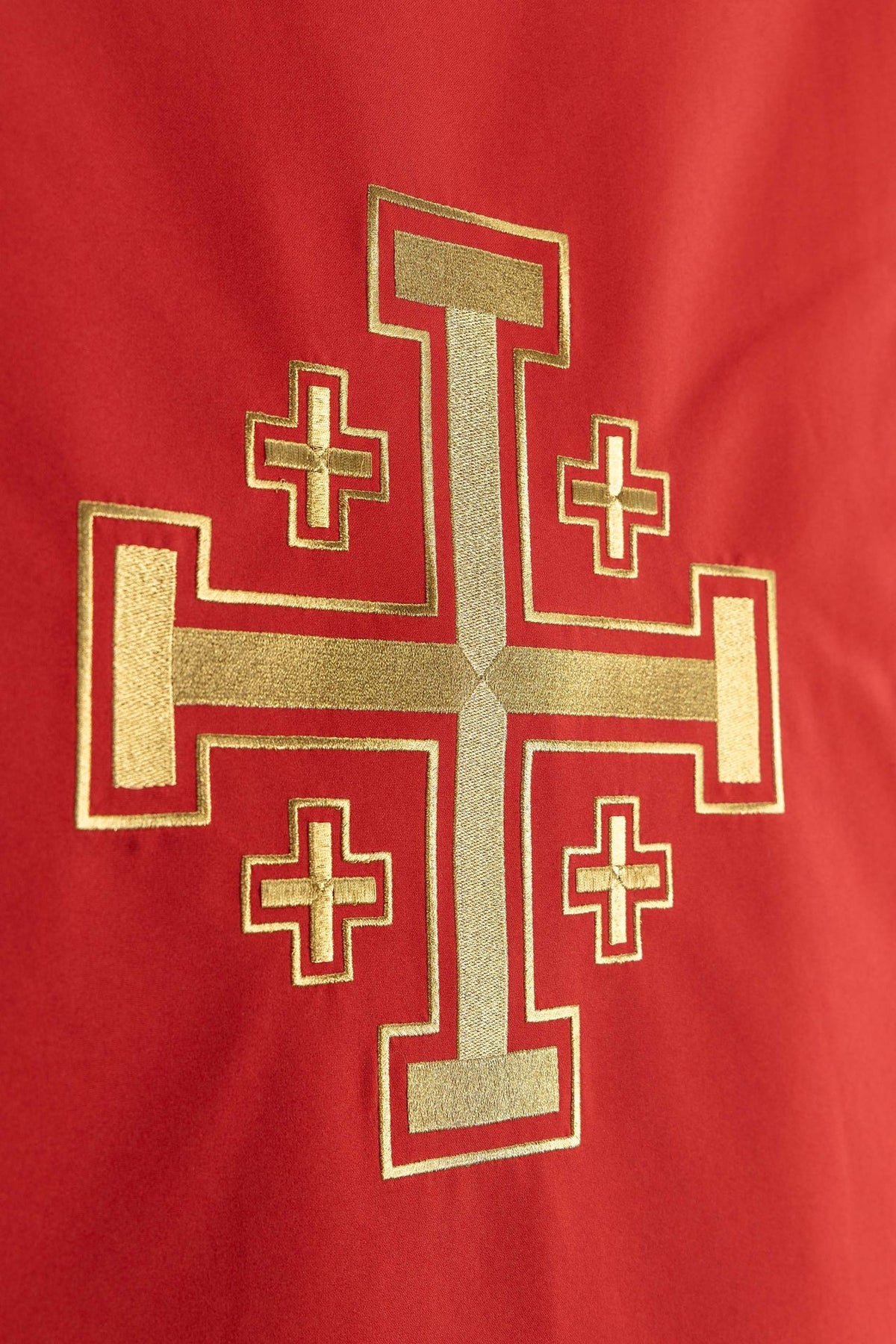 Red church lectern cover front detail showing the complete Jerusalem cross embroidery