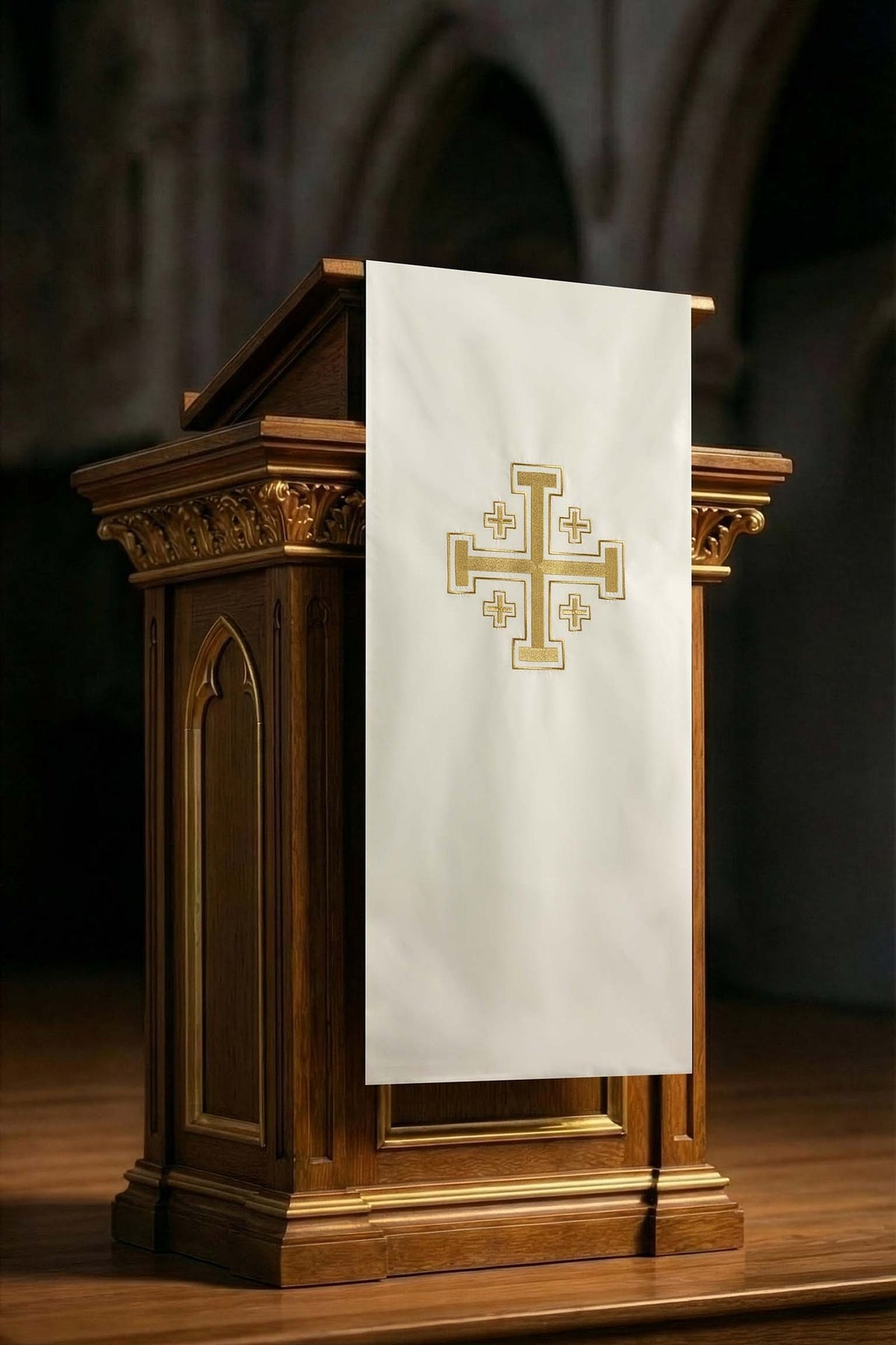 Ecru church lectern cover with Jerusalem cross embroidery, front view with gold cross motif