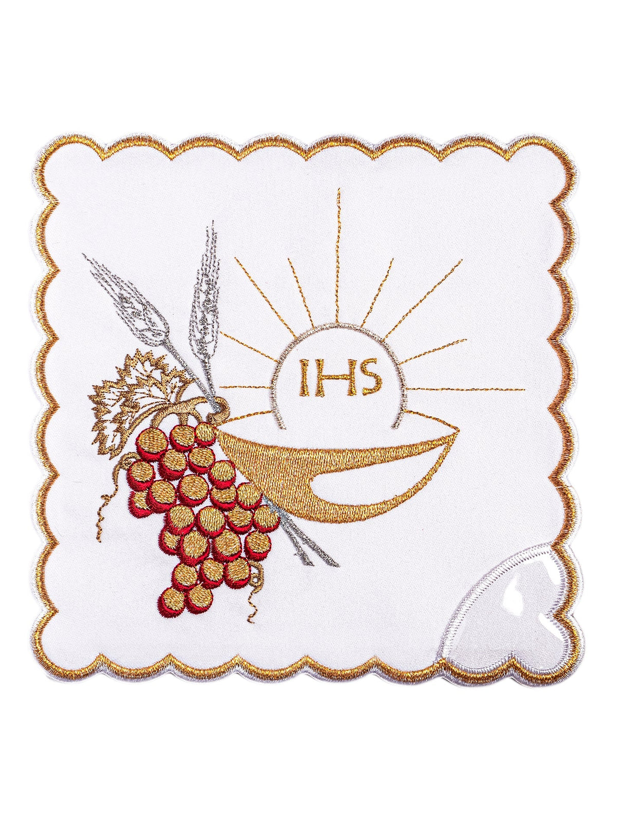 Altar linen set close-up showing embroidered gold chalice, IHS, grapes and wheat