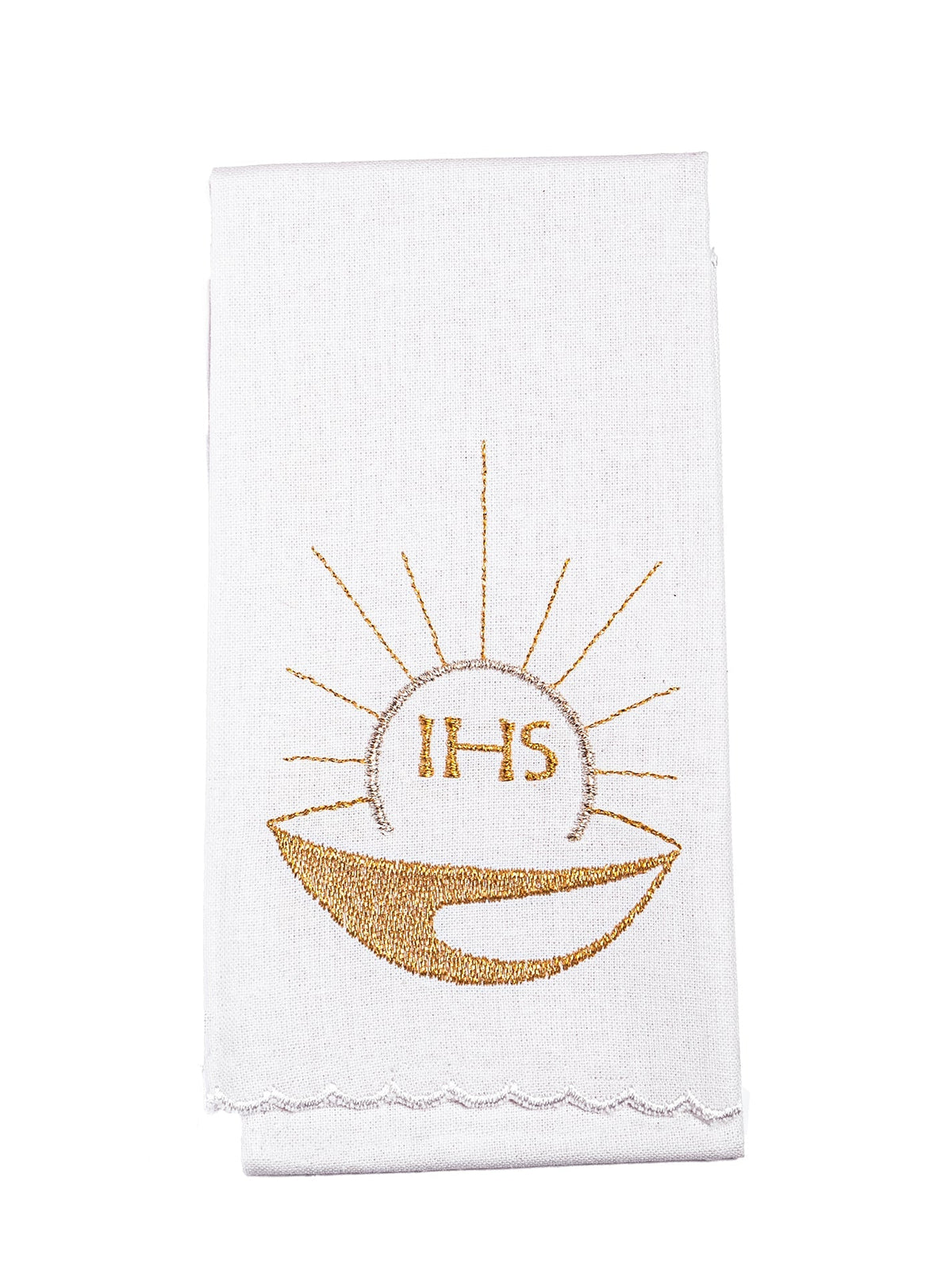 Altar linen set folded, showing white fabric with embroidered gold chalice and IHS