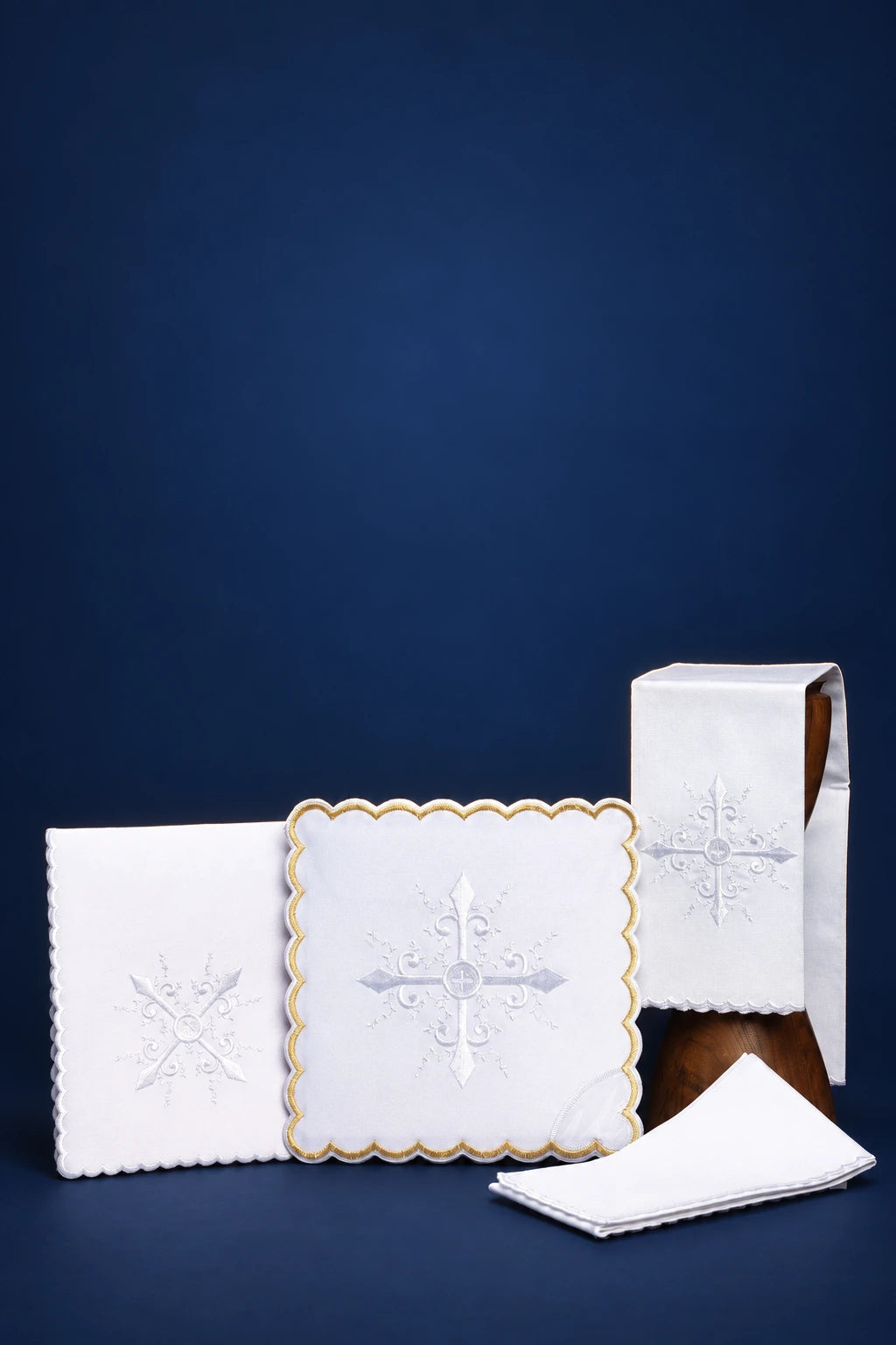 Altar Linen Set with Silver Embroidery, white linens with cross embroidery and scalloped edges