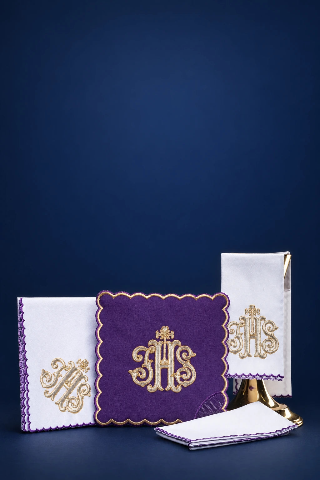 Purple Altar Linen Set with Gold IHS Embroidery, full set view with purple and white linens