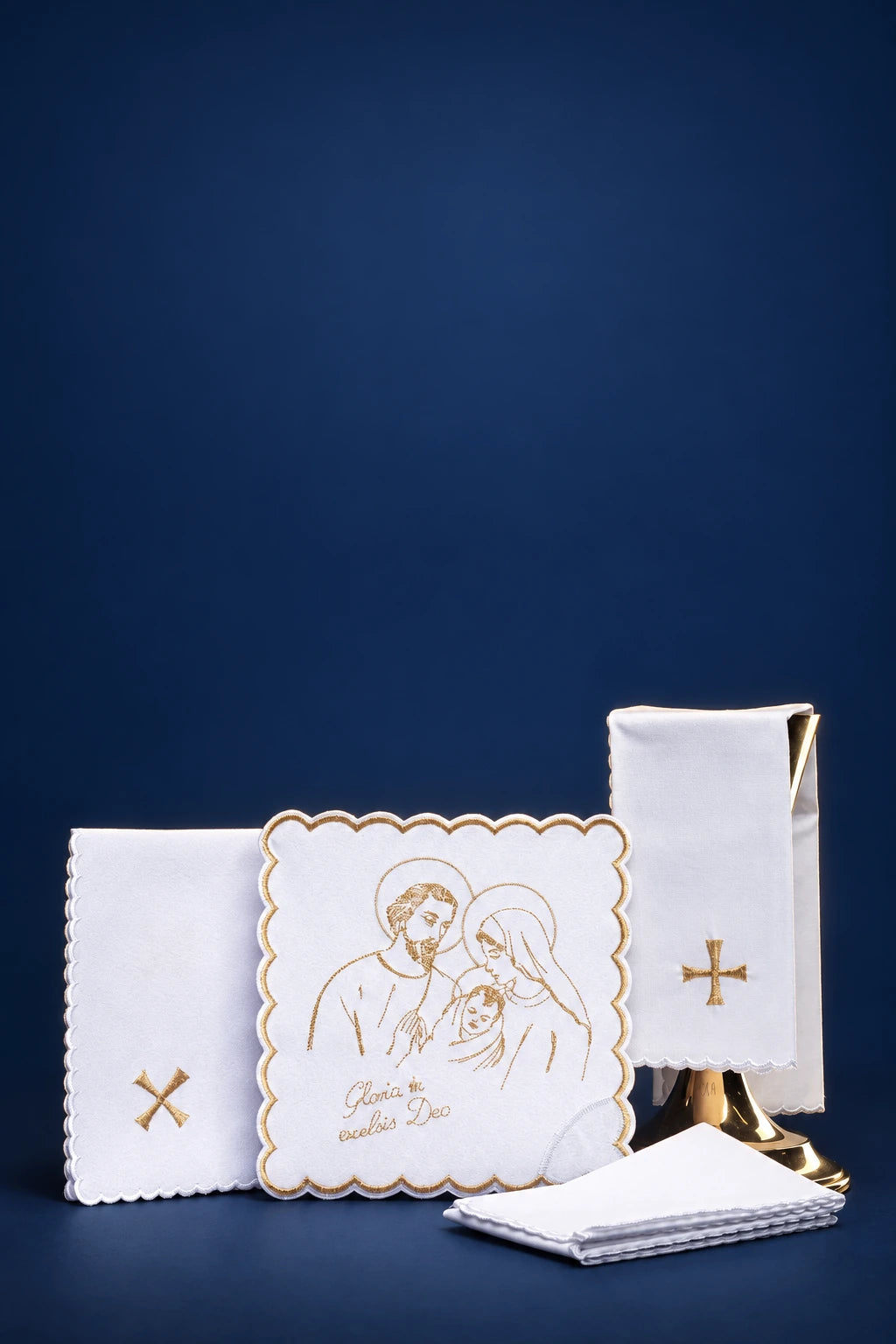 Christmas Altar Linen Set with Gold Embroidery of the Holy Family, white linens shown together