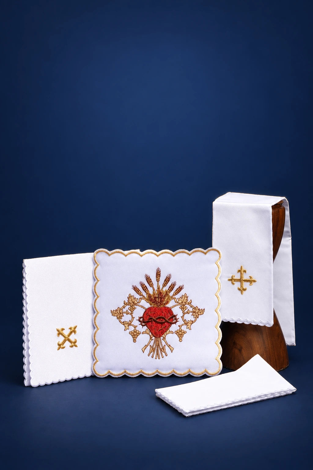 Embroidered Altar Linen Set with the Sacred Heart of Jesus, white linens with gold embroidery and scalloped edges