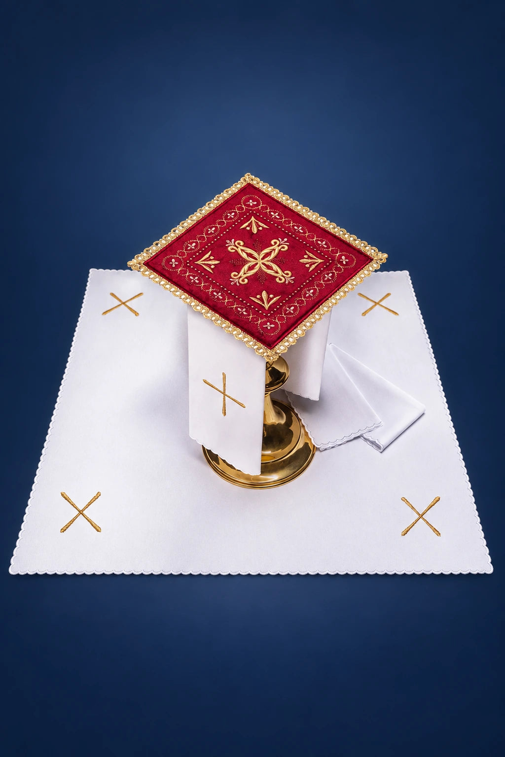 Embroidered Red Velvet Altar Linen Set with Gold Crosses, full set displayed with chalice pall and linens