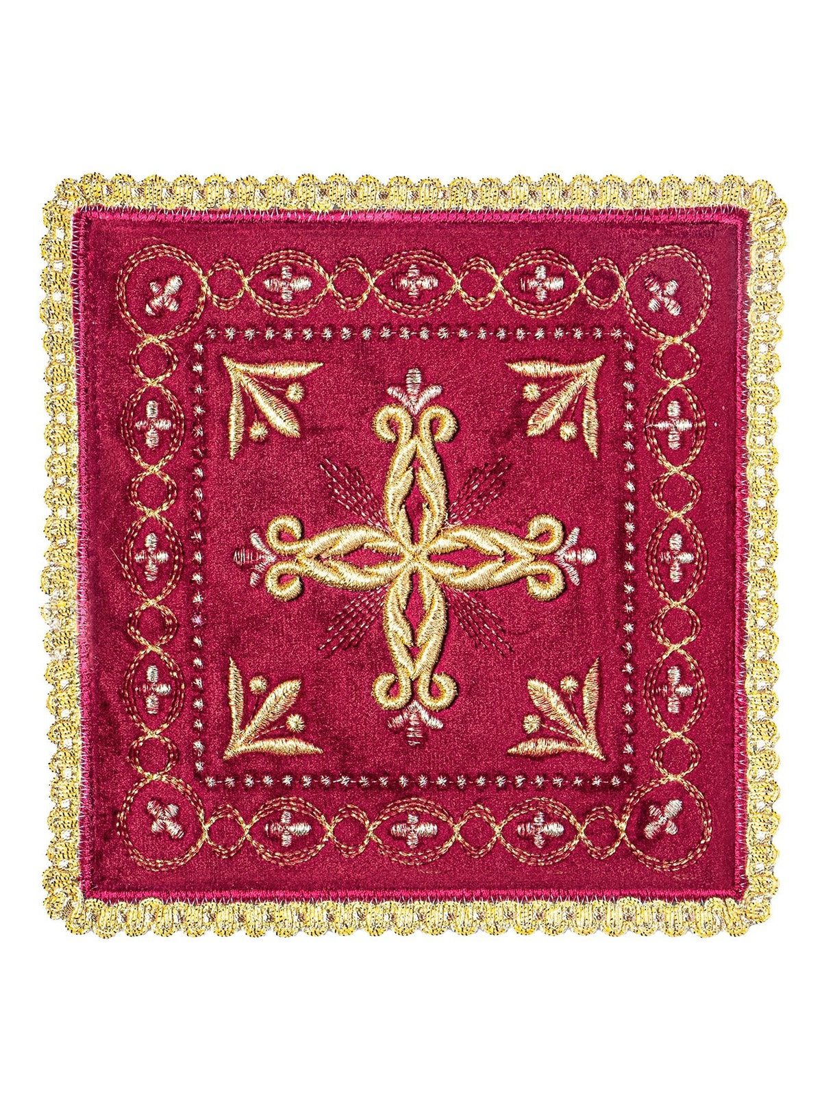 Red velvet chalice pall shown flat with central gold embroidery and ornate border