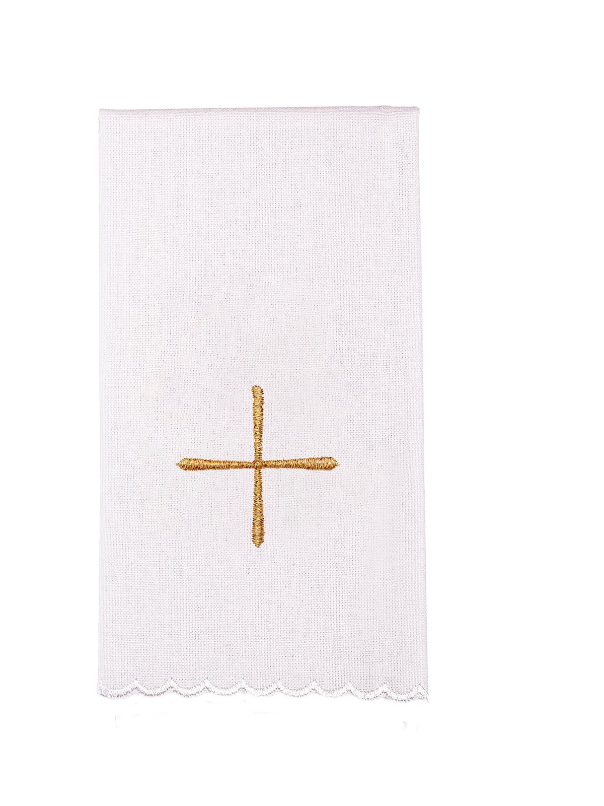 White altar linen with a single embroidered gold cross and scalloped edge