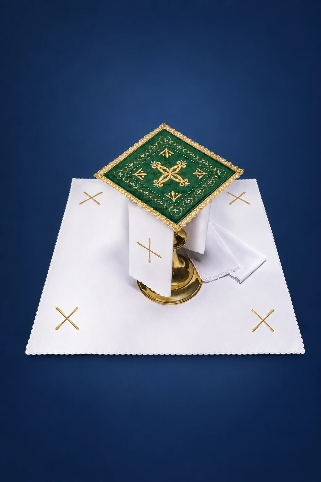 Green Velvet Embroidered Altar Linen Set with Gold Crosses, front view with green velvet chalice pall and white linens
