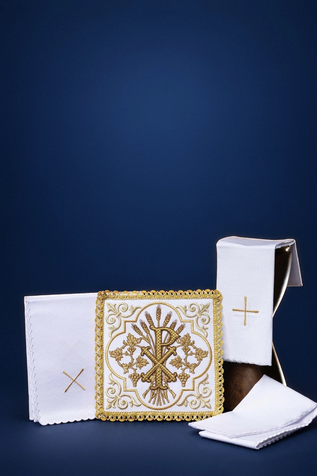 Embroidered Catholic altar linen set with PAX symbol, white linens with gold embroidery and scalloped edges
