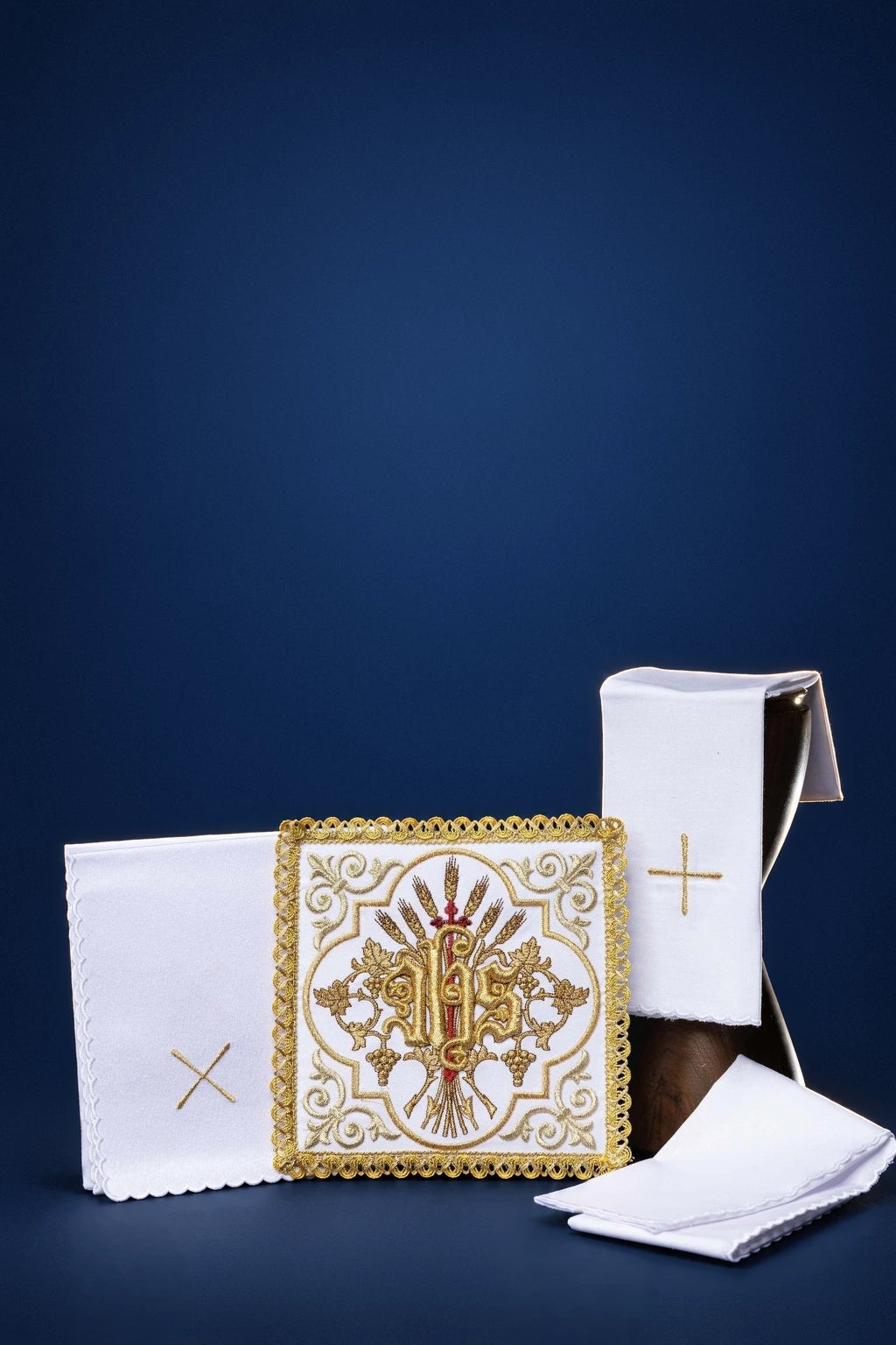 Catholic Altar Linen Set with Embroidered IHS Symbol, white linens with gold embroidery and scalloped edges