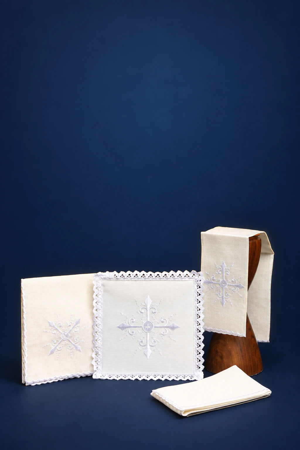 Altar Linen Set with Delicate Cross Embroidery, ivory linens with white embroidery and lace trim