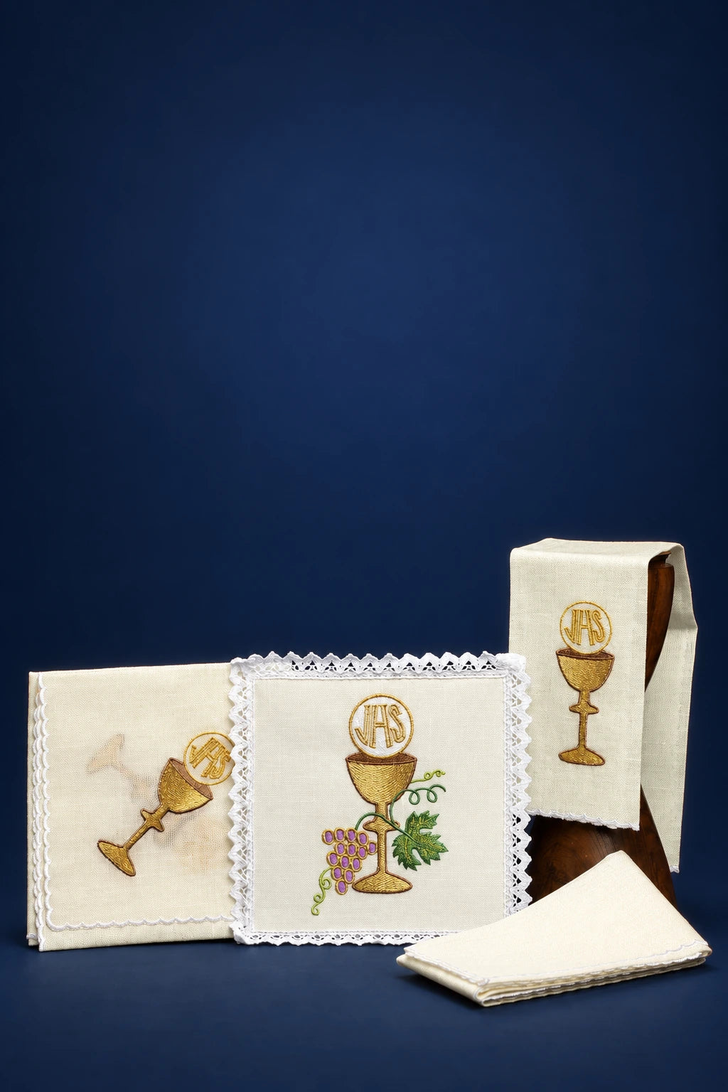 Altar Linen Set with Embroidered Chalice Motif, cream linen pieces with gold chalice embroidery and white lace trim