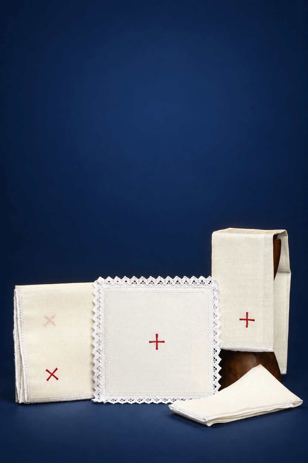 Embroidered Altar Linen Set with Red Crosses, full set with white linen pieces and lace trim