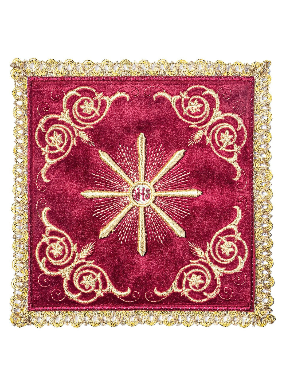 Red velvet chalice pall, top view with gold Eucharistic embroidery and ornate border