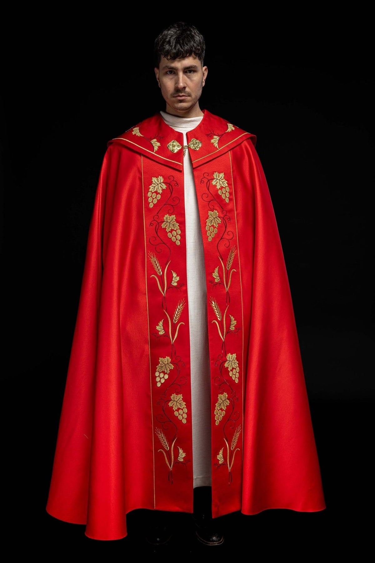 Red cope front view with gold grapes, wheat and burgundy embroidery