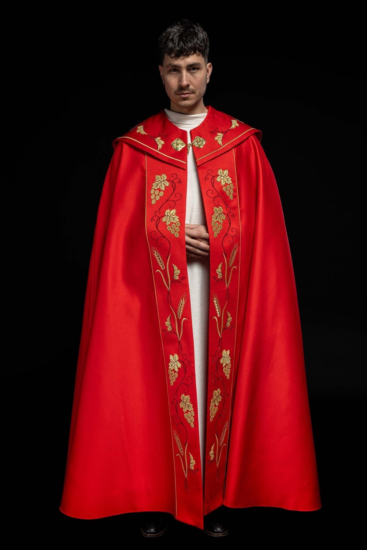 Red cope front view with gold grapes and wheat embroidery