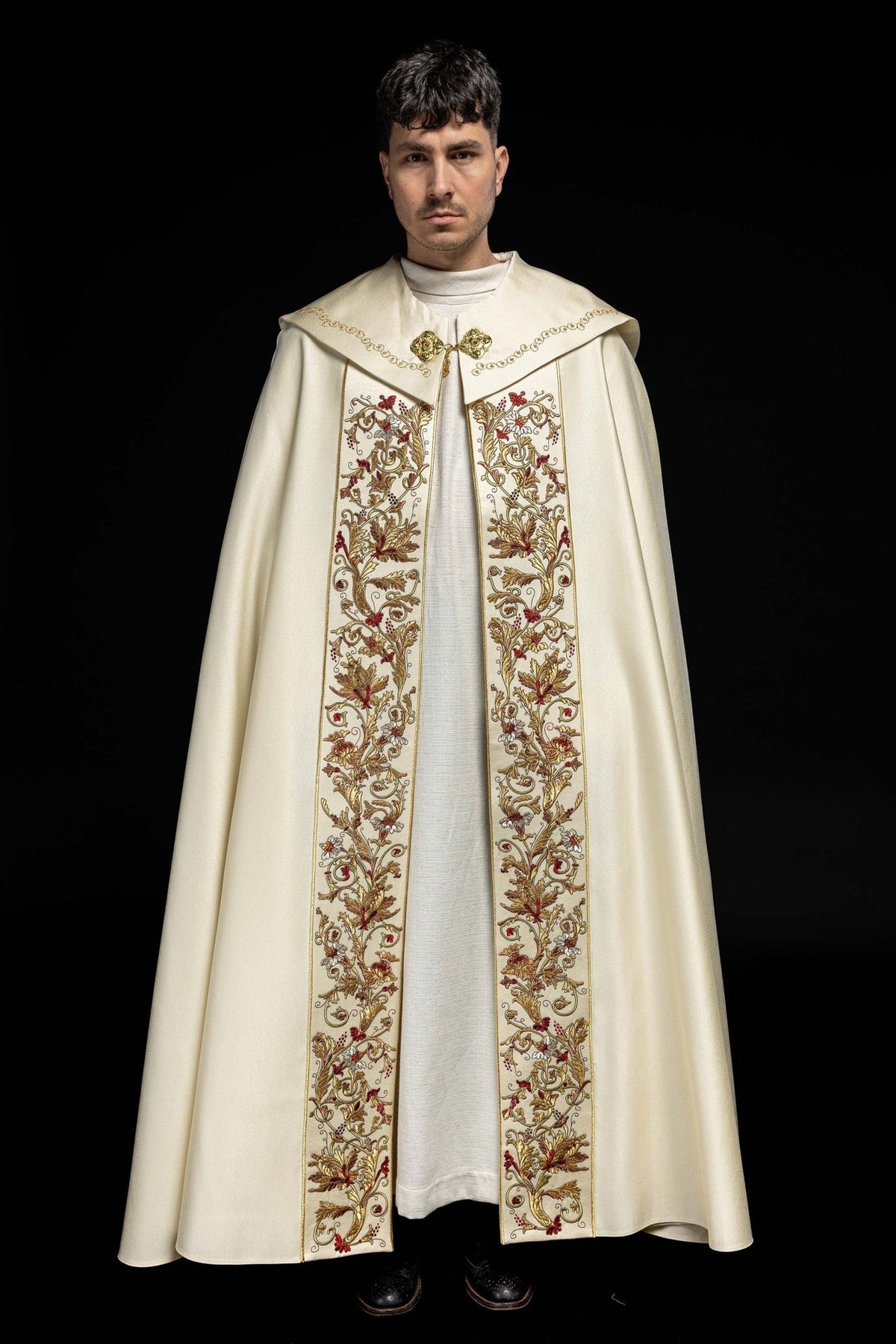 Ecru satin cope, front view with floral gold embroidery panels