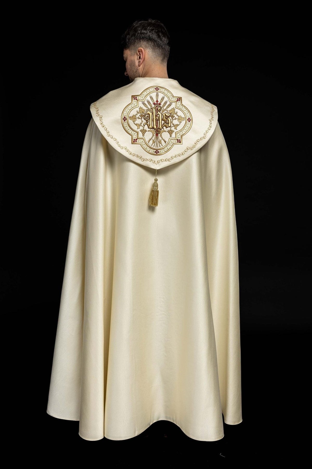 Ecru satin cope, full back view with raised gold IHS embroidery