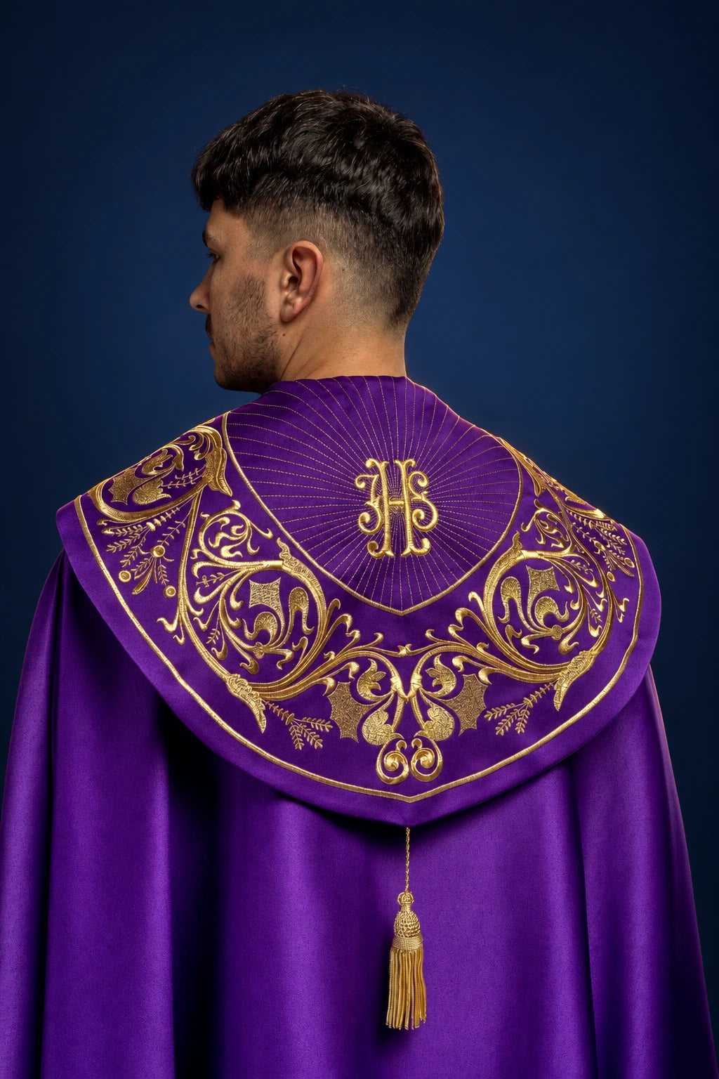 Purple Cope with Gold IHS Monogram, back view with ornate gold embroidery and tassel