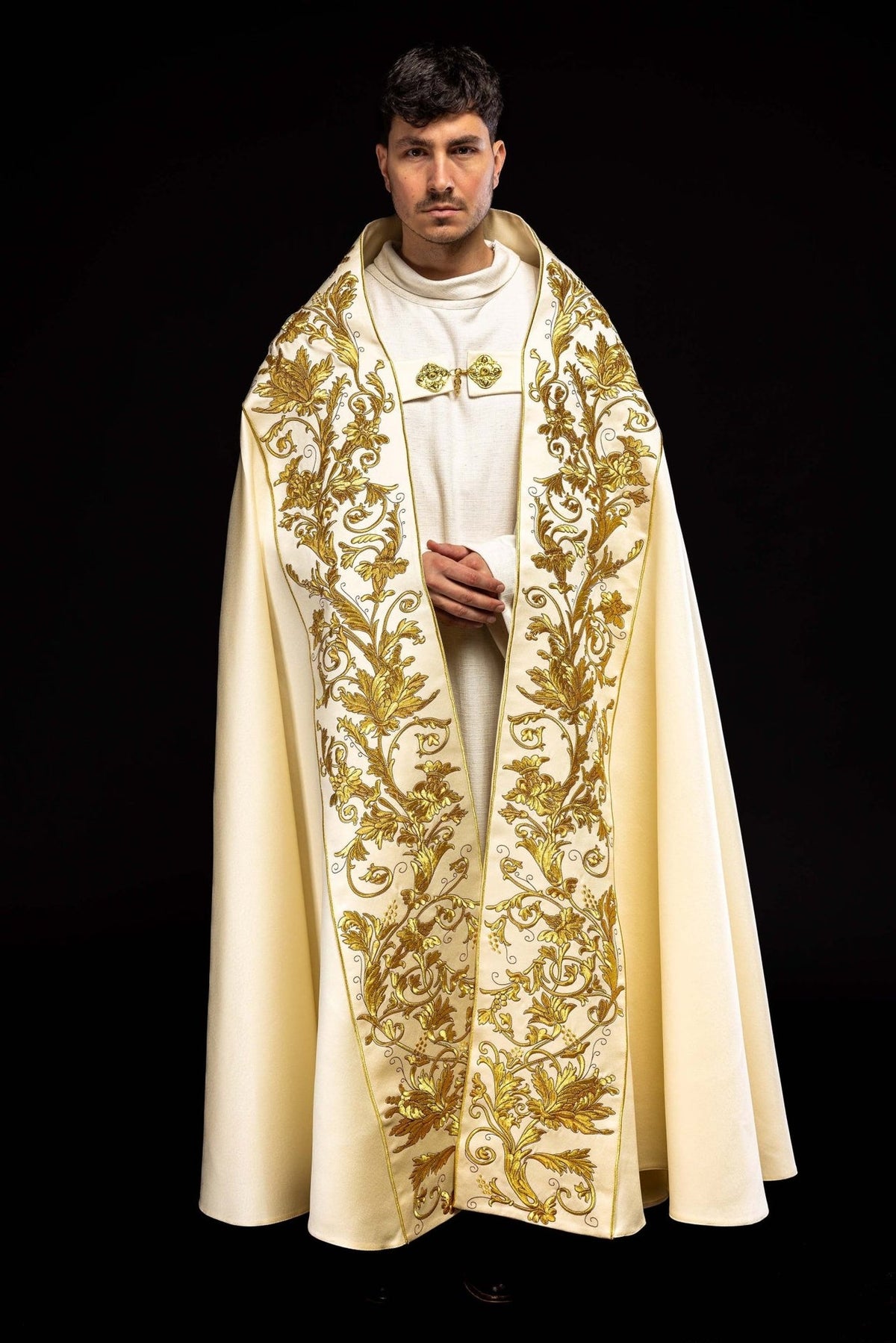 Ecru satin cope, front view with ornate gold floral embroidery