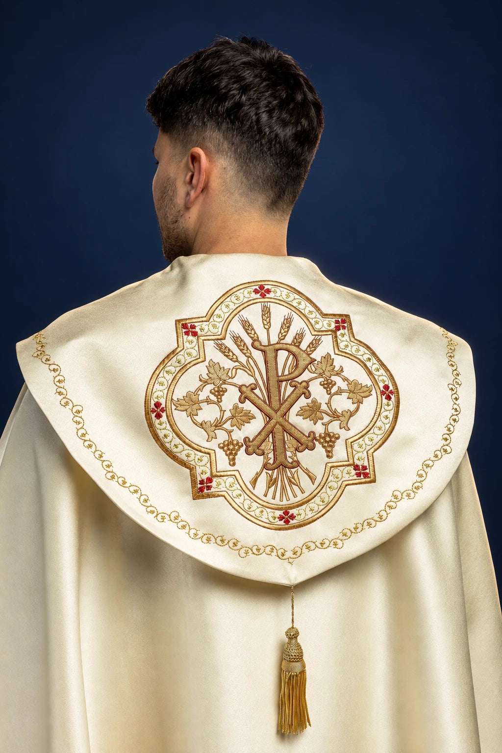 Ecru Cope with PAX Monogram, back view with embroidered PAX monogram, wheat and vine motifs