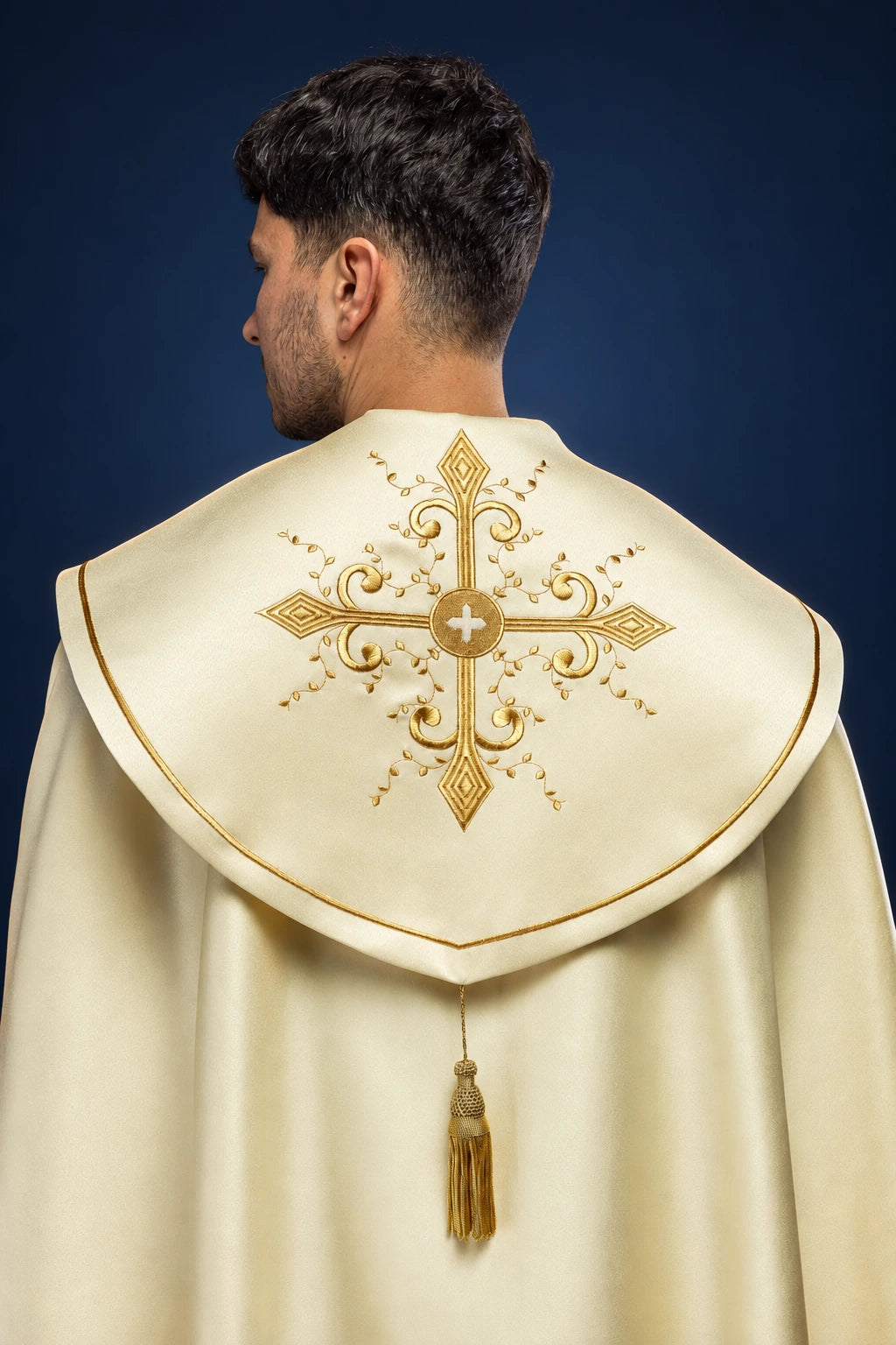 Embroidered Ecru Cope, back view with gold cross embroidery, gold trim and tassel