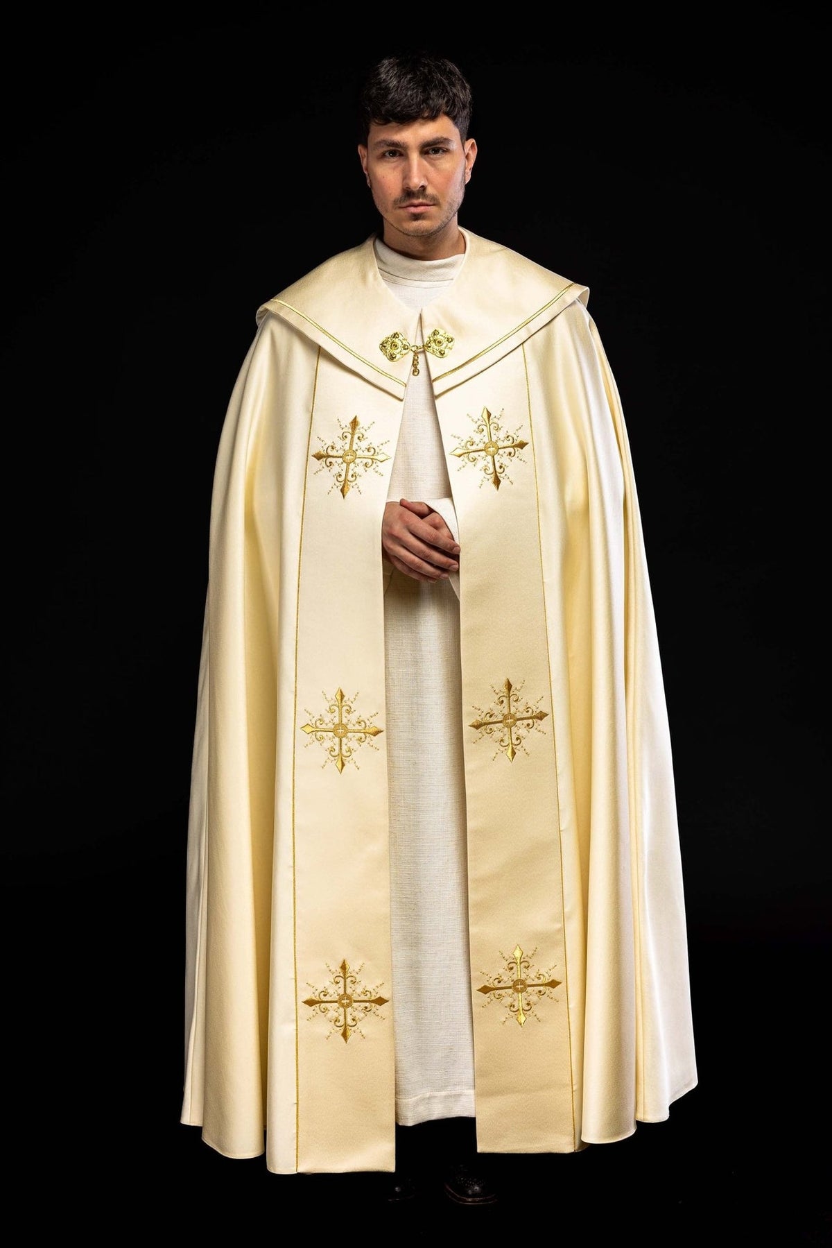 Ecru cope, front view with gold cross embroidery on the panels