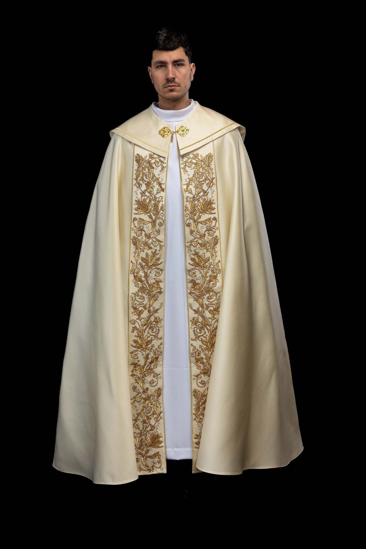 Ecru cope front view with symmetrical gold floral embroidery