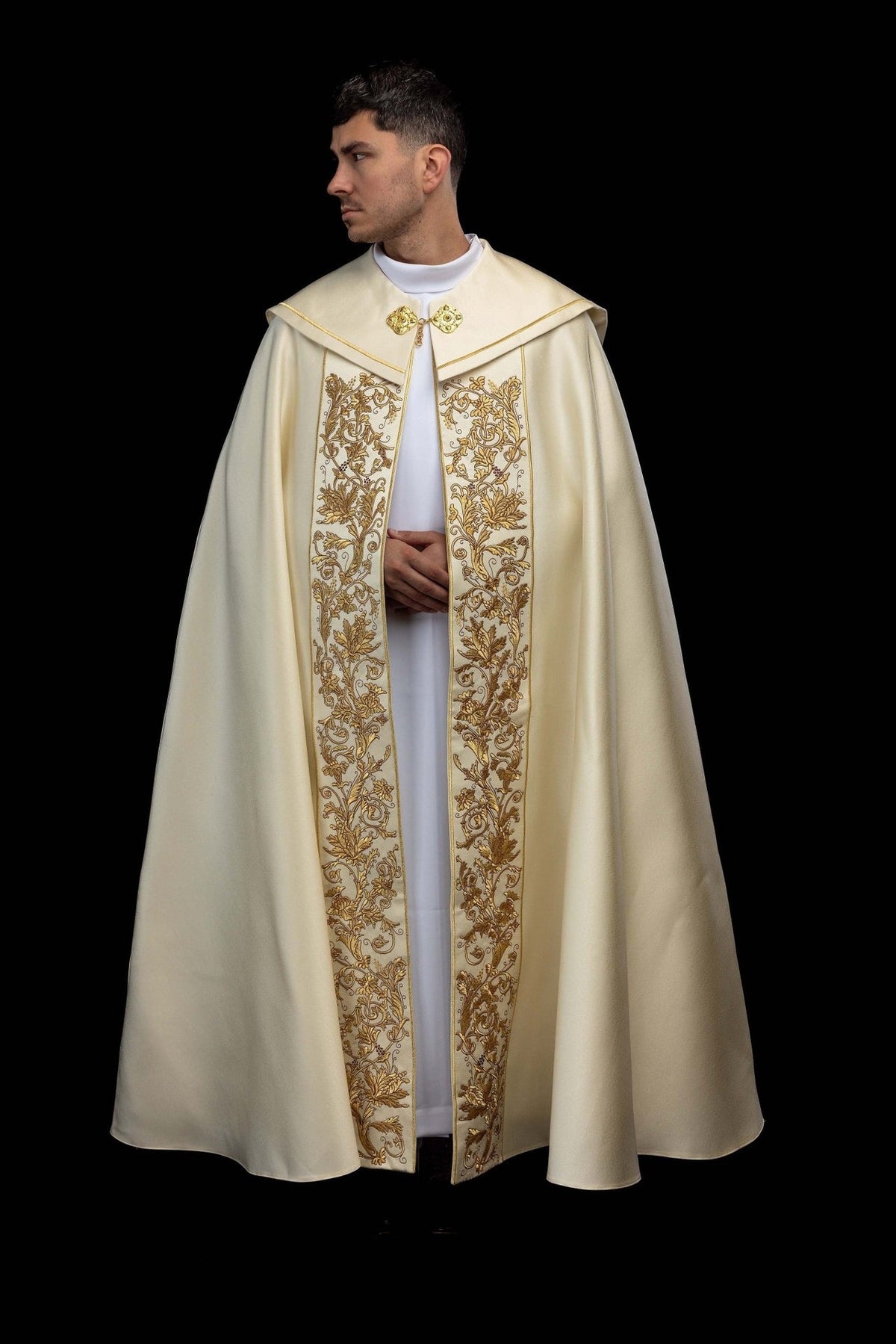 Ecru cope front view with long gold floral embroidered panels