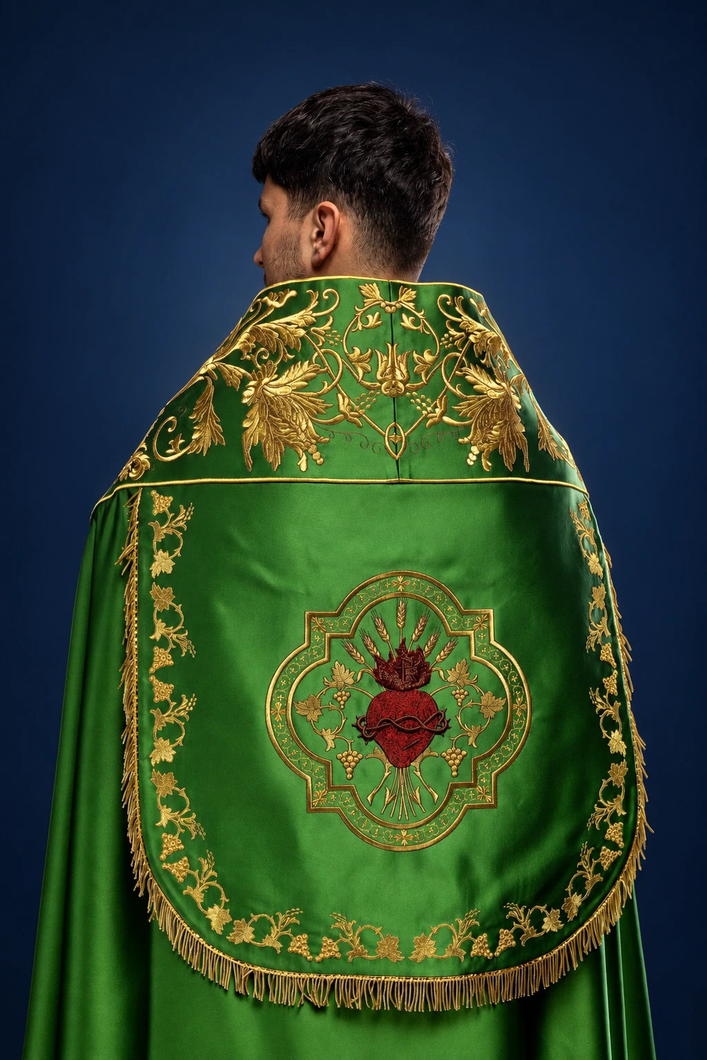 Green Satin Roman Cope with Embroidered Sacred Heart of Jesus, back view