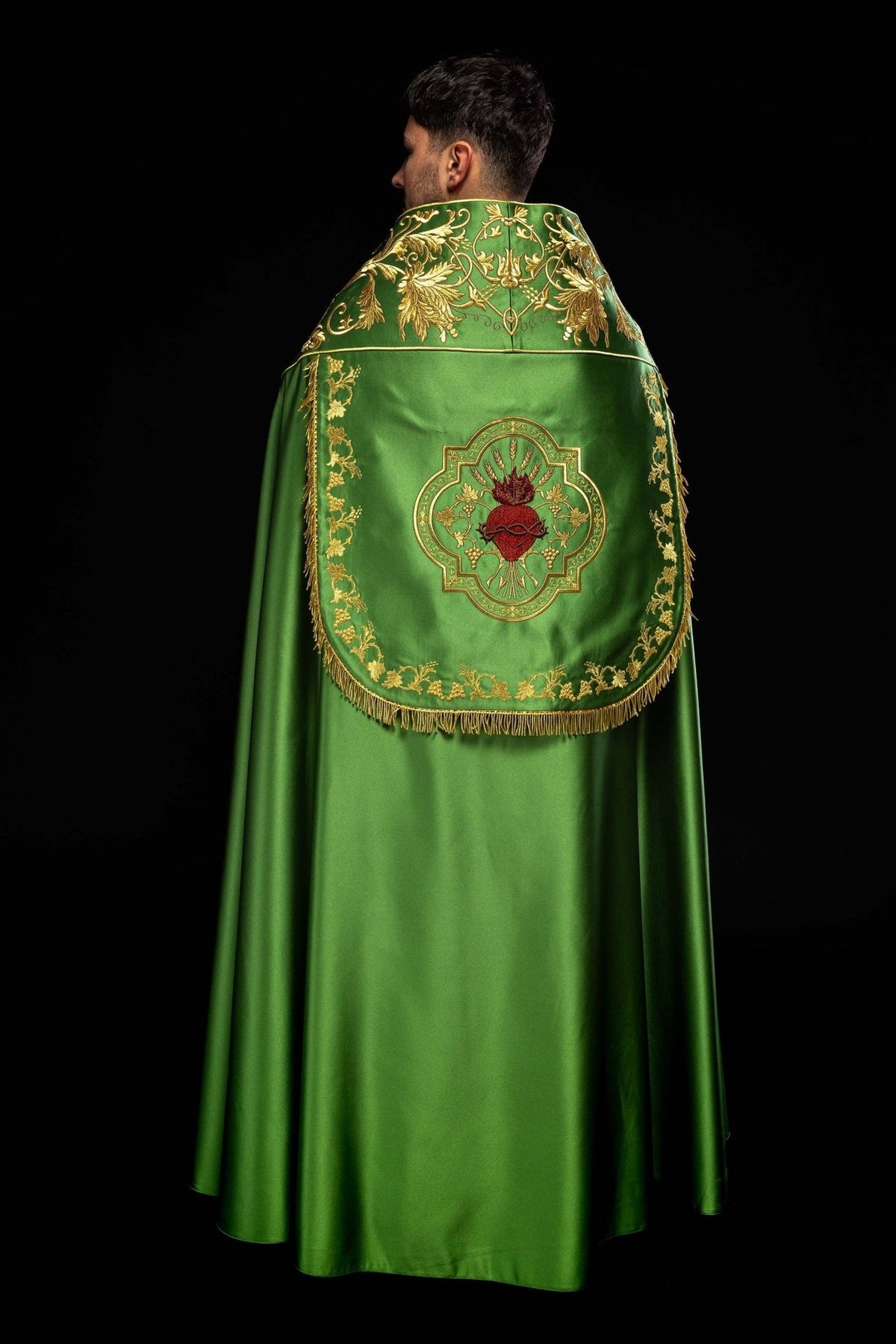 Green satin cope, back view with Sacred Heart of Jesus embroidery