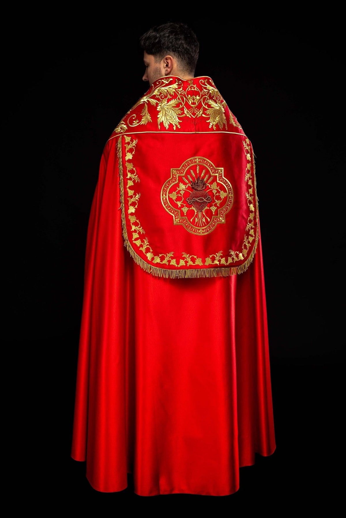 Red satin cope, full back view with Sacred Heart of Jesus embroidery
