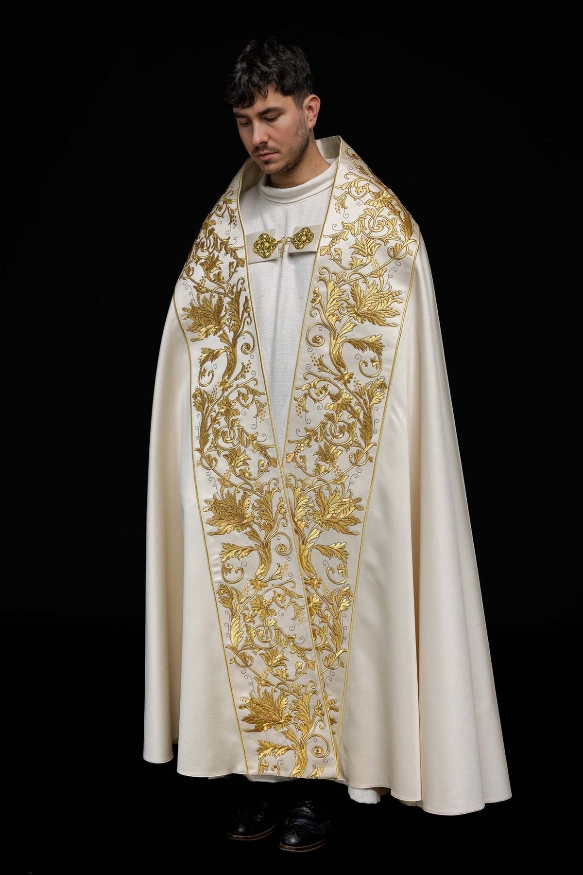 Ecru satin cope, full front view with symmetrical gold floral embroidery