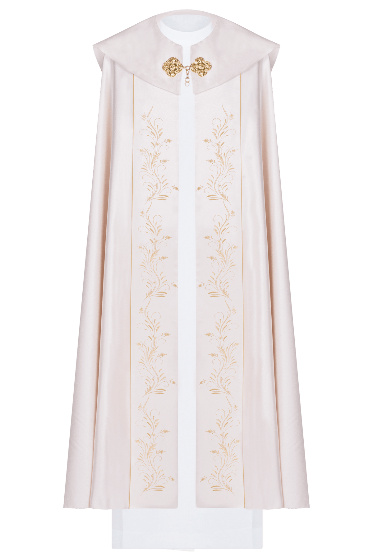Ecru cope back view with symmetrical gold floral embroidery