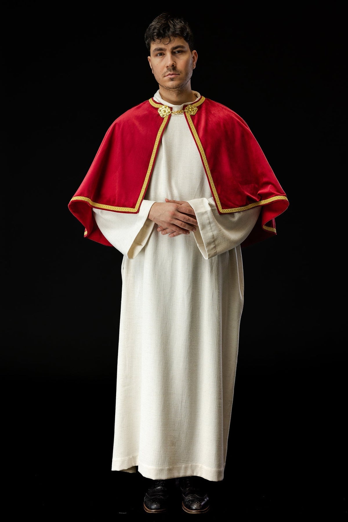Red velvet altar server cape, full front view with gold trim and clasp