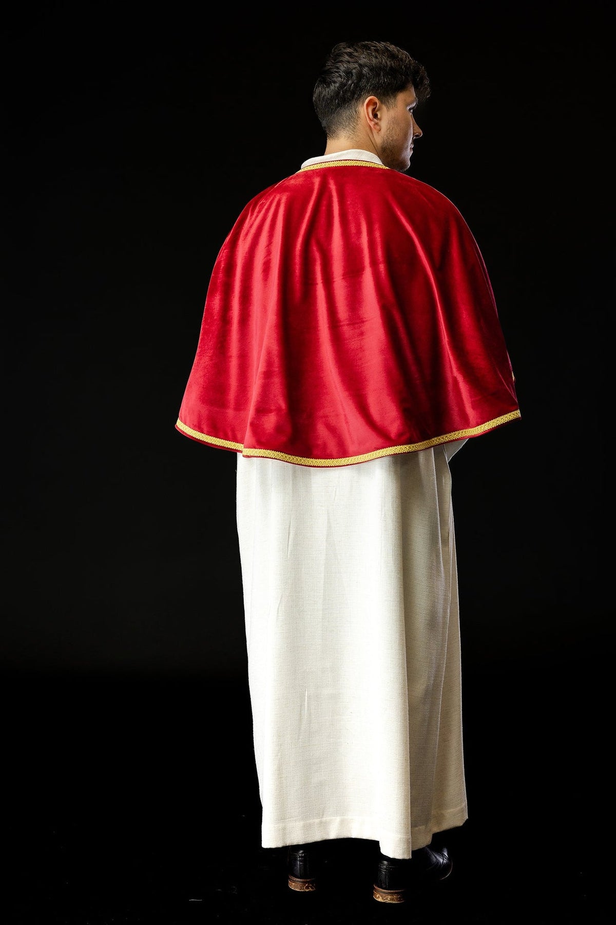 Red velvet altar server cape, back view with gold trim