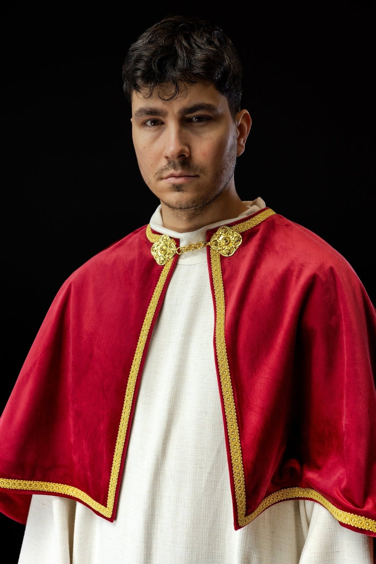 Red velvet altar server cape, rear three-quarter view