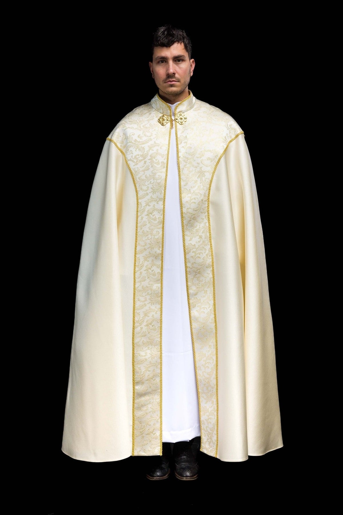 Ecru cope full front view with jacquard fabric decoration and gold trim