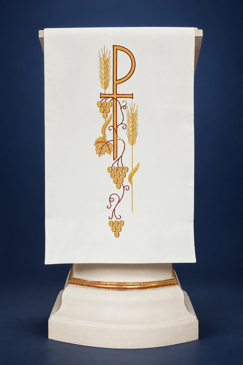 Ecru Church Lectern Cover with Embroidered PAX Symbol, front view with wheat, grapes and vine embroidery