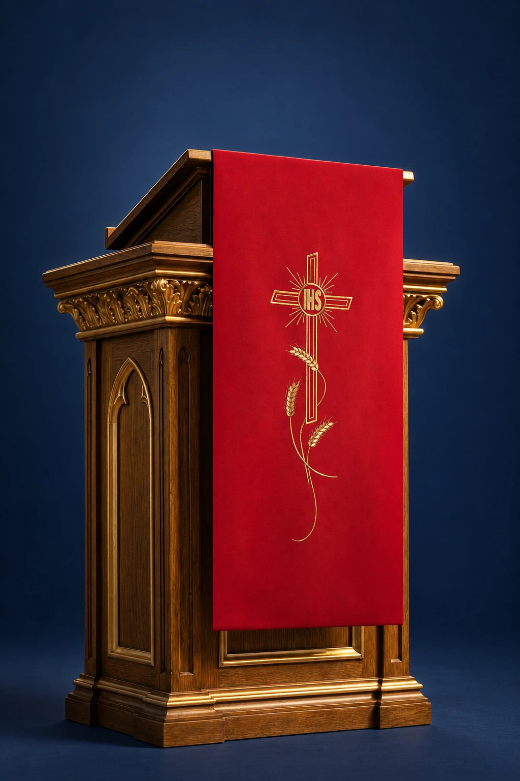 Red Church Lectern Cover with Embroidered Cross and IHS Monogram, front view with gold wheat embroidery