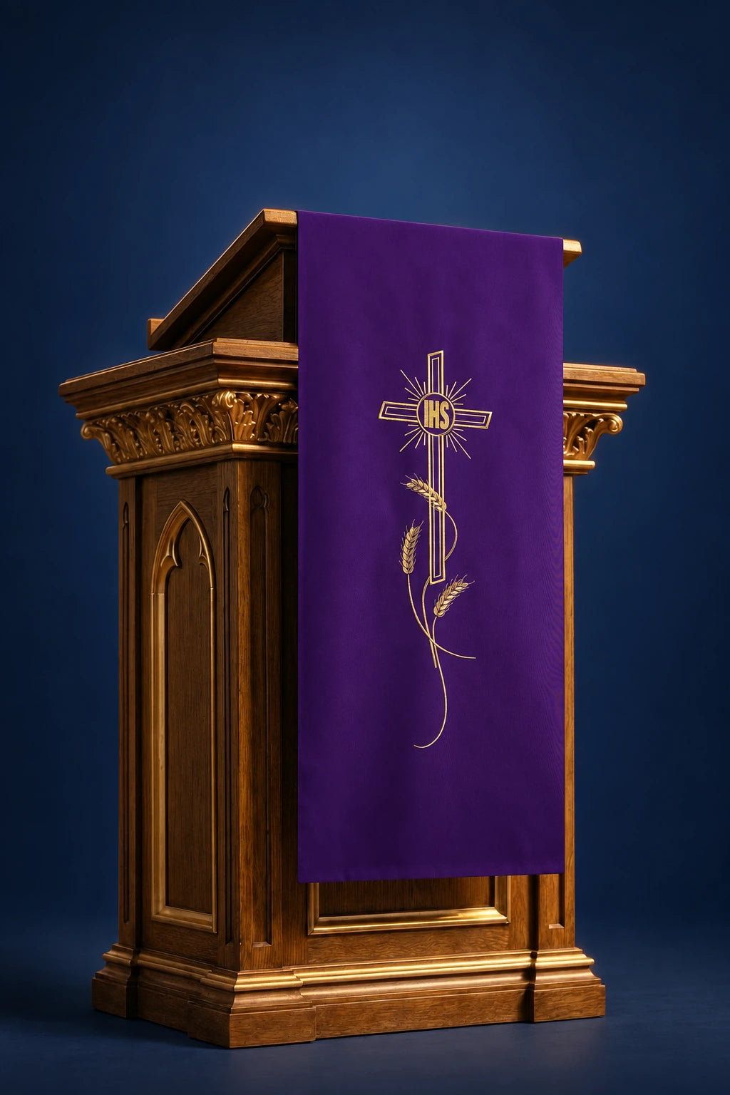 Purple Church Lectern Cover with Embroidered Cross Motif, front view with gold cross, IHS monogram and wheat embroidery